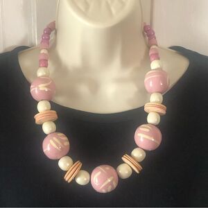 Women's White & Pink 80’s Wood Beaded Ball Necklace Jewelry